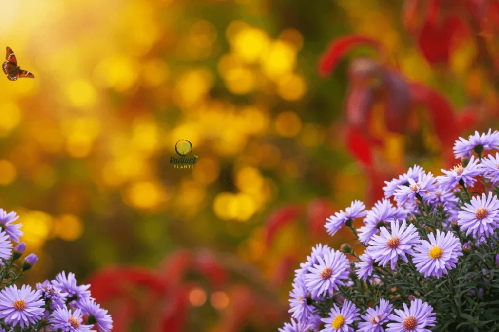A fall garden filled with Asters in full bloom, their daisy-like purple flowers adding a pop of color to the autumn landscape. Golden and red foliage in the background enhances the warm, cozy atmosphere.