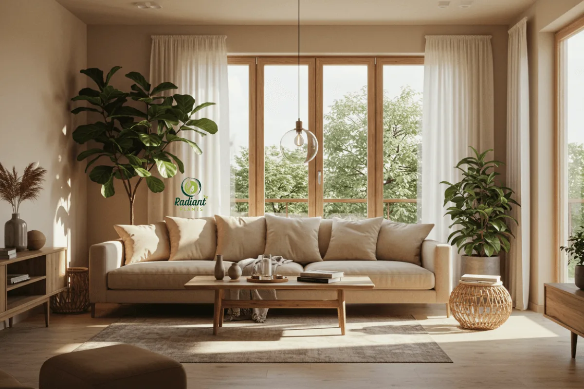 A modern home embracing biophilic design, where lush green plants complement wooden textures, neutral tones, and minimalistic furniture for a natural aesthetic.