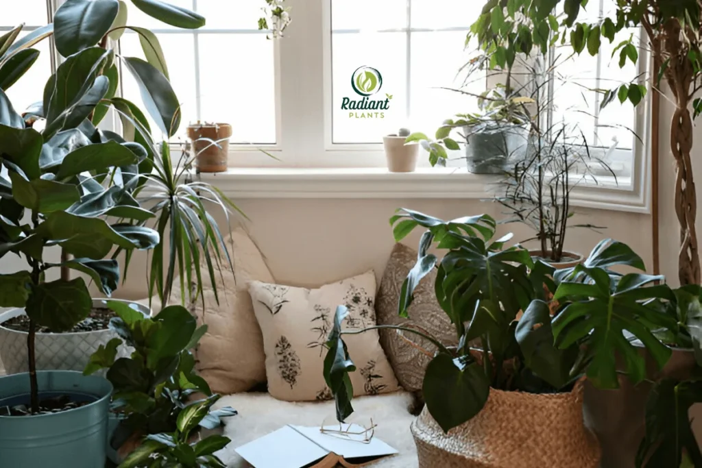 A collection of vibrant tropical plants, including Monstera, Bird of Paradise, and Pothos, arranged in a bright living room. Perfect for adding a touch of nature and elegance to any space.