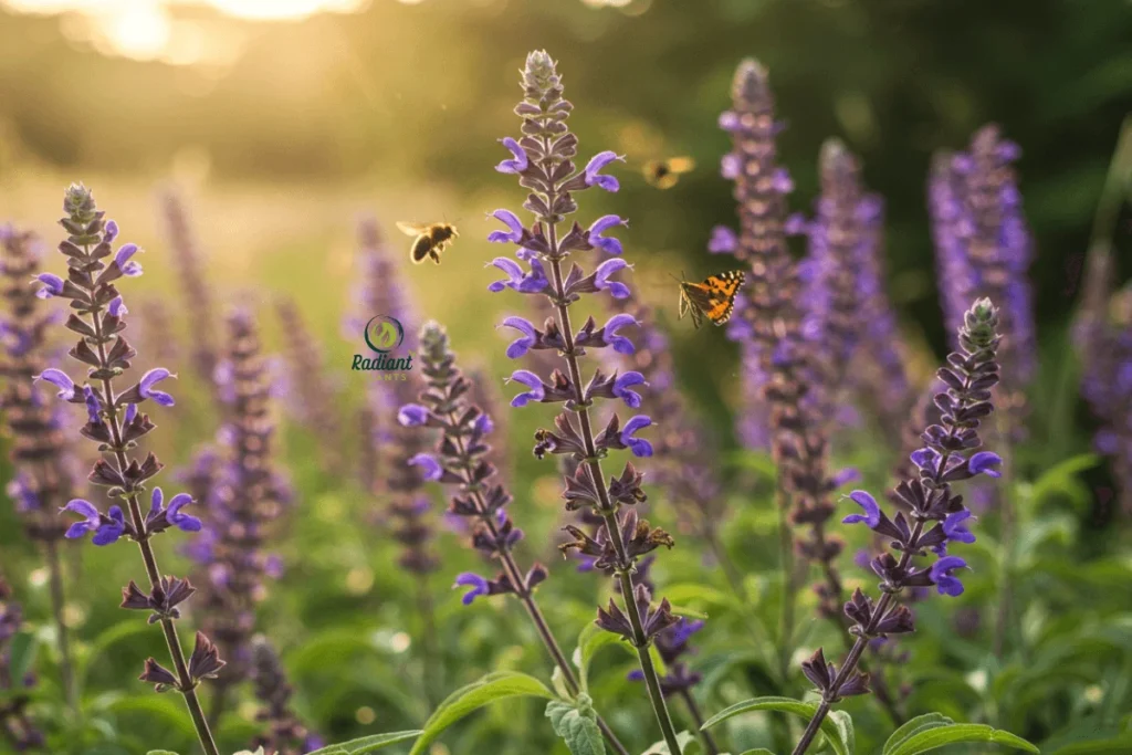 A sunny pollinator garden featuring Salvia plants with tall spikes of vibrant purple flowers. Bees and butterflies are buzzing around the blooms, creating a lively and colorful atmosphere.