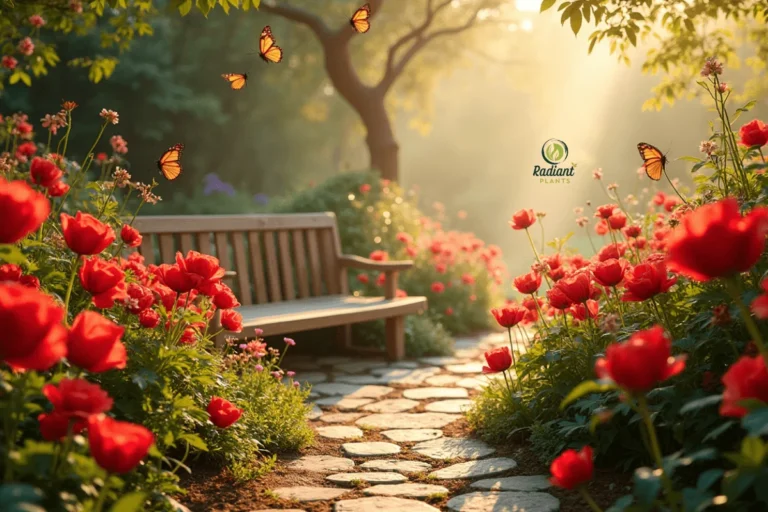 A vibrant garden filled with the top 5 red flowers: roses, tulips, poppies, geraniums, and peonies. Discover the beauty and romantic appeal of red flowers in a lush, sunlit setting.