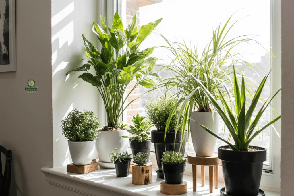 Beautiful Window Sill Plant Arrangement with Multiple Houseplants, Decorating window sills with plants