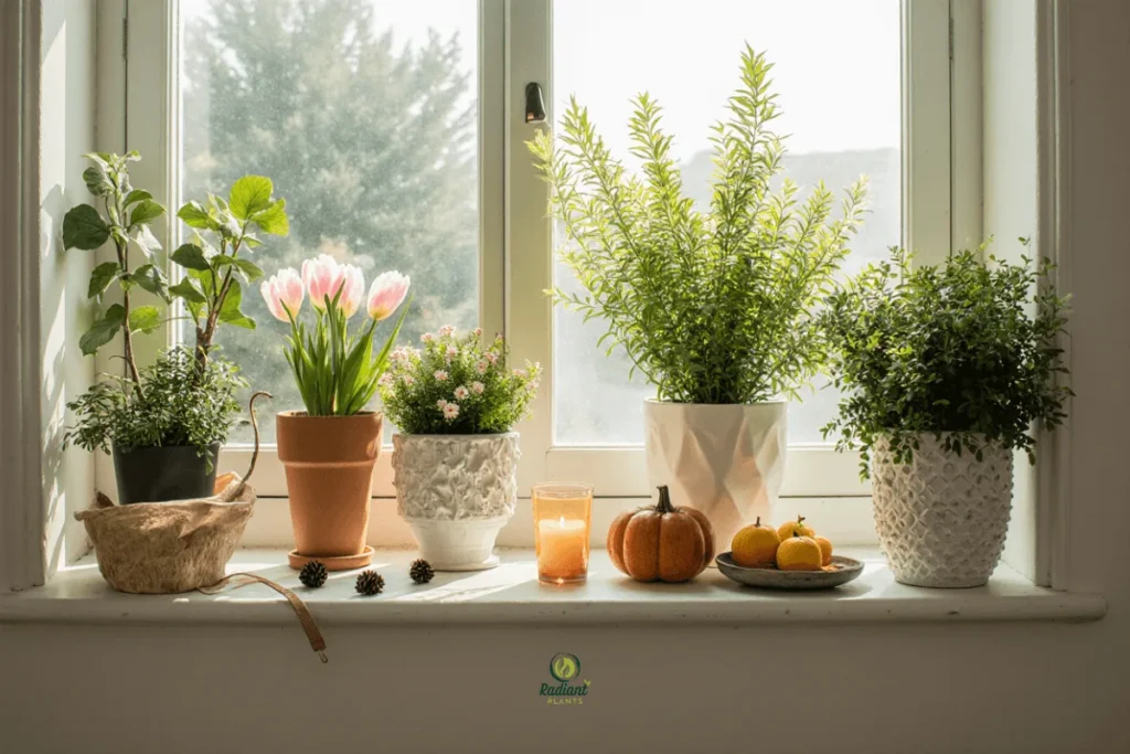 Bright Kitchen Window Sill Herb Garden with Fresh Cooking Plants