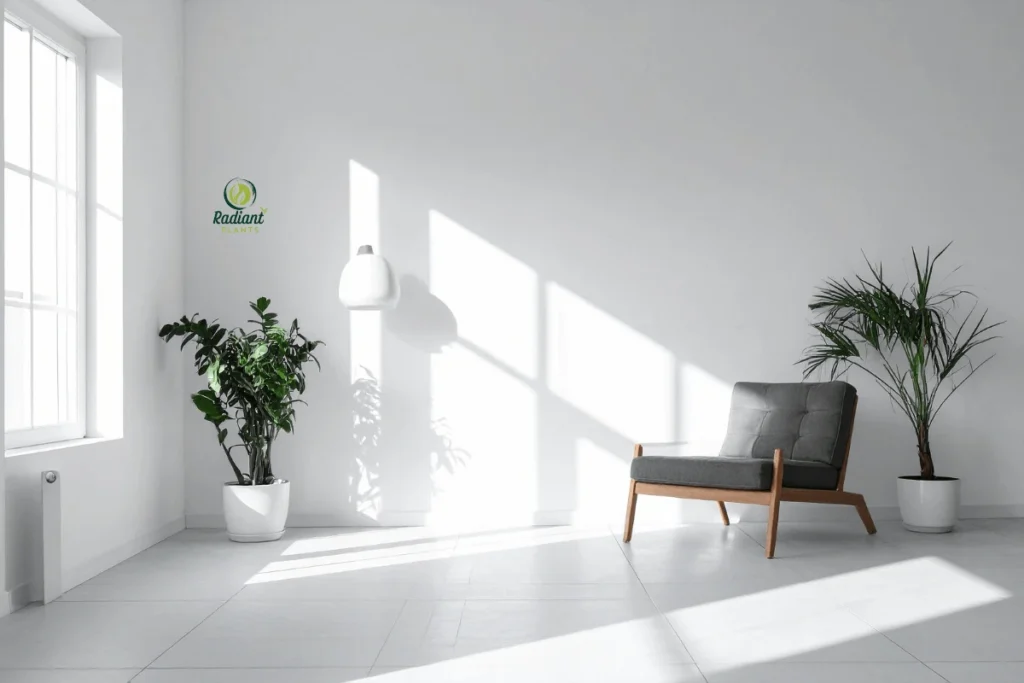 Three Minimalist Plants in Geometric Planters An arrangement of three minimalist indoor plants including a ZZ plant, rubber tree, and trailing pothos displayed in simple geometric planters. The plants are spaced evenly on a white surface, demonstrating the rule of three and clean styling principles for modern plant decor.