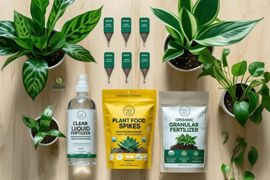 Top indoor plant fertilizer products displayed with matching houseplants
