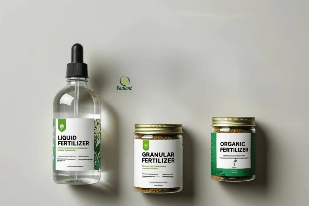 Liquid, granular, and organic indoor plant fertilizers side by side on a wooden table