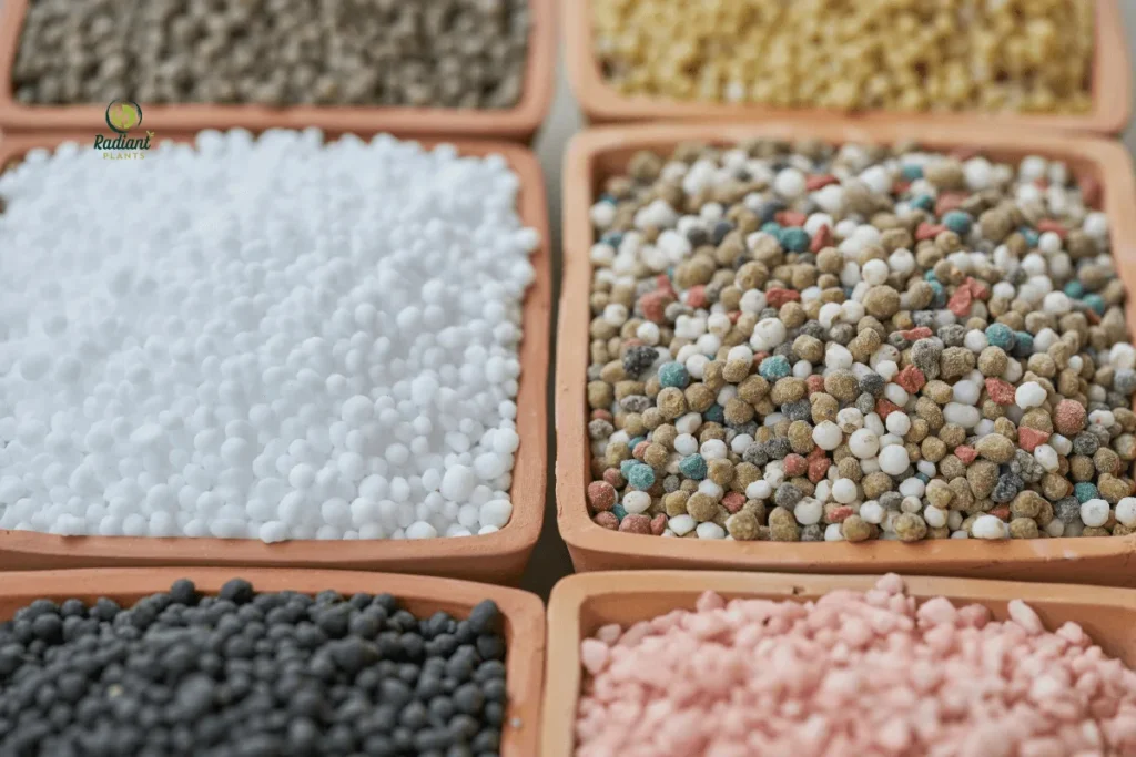 Indoor plant fertilizer explained in infographic showing liquid, granular, spike, organic, and synthetic types