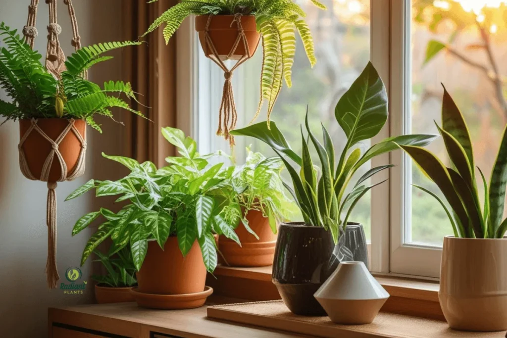 Decorated living room with common indoor plants in pots on shelves and tables