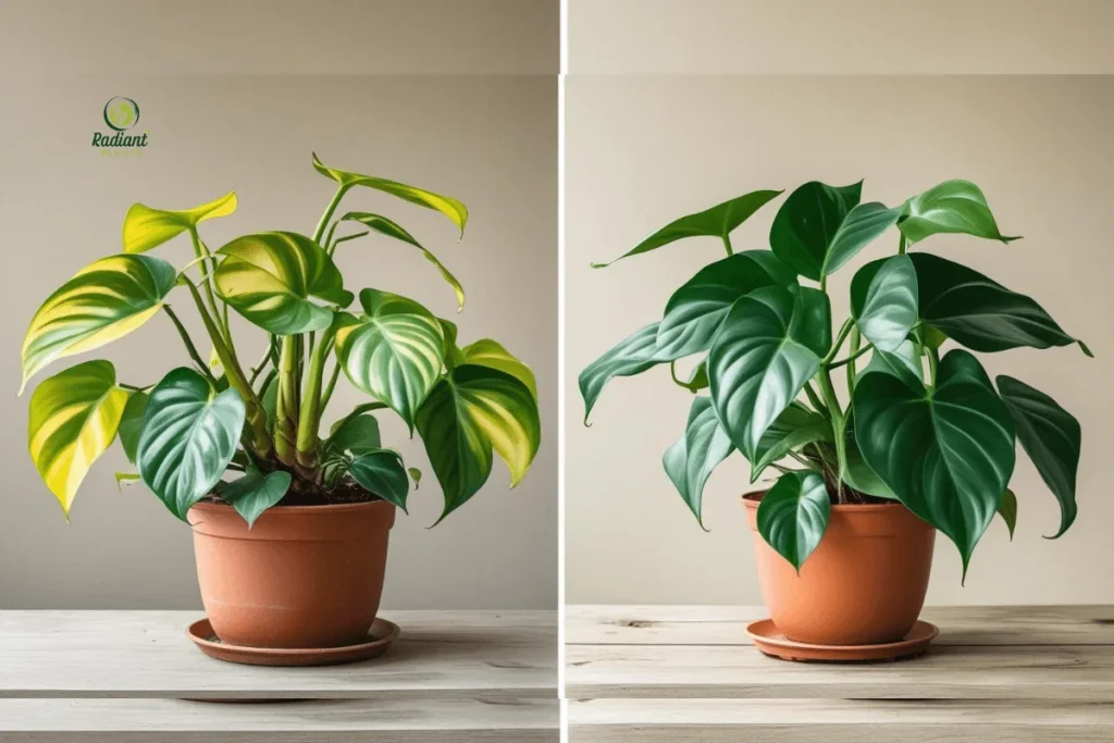 Side-by-side comparison of a fertilized vs. unfertilized indoor plant after 4 weeks of growth