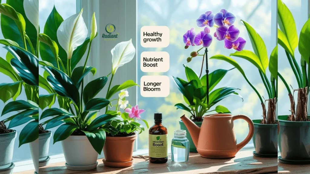 Indoor scene with peace lilies, African violets, and orchids in decorative pots, displaying lush green leaves and colorful blooms. A bottle of plant food and a watering can sit on a table near a sunlit window, symbolizing healthy growth, nutrient boost, and longer blooming for houseplants.