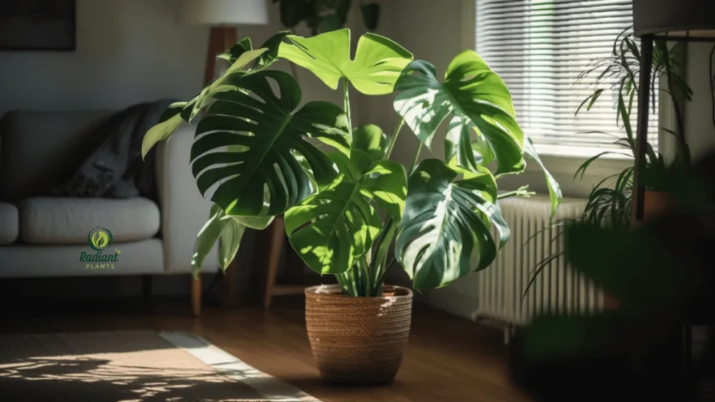 Beautifully potted Monstera plant thriving in bright, indirect light, illustrating effective Monstera plant care techniques.